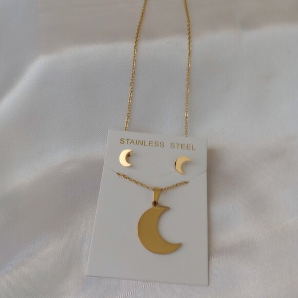 Gold Crescent Moon Jewelry Set — Stainless Steel Necklace & Dainty Stud Earrings - Picture 5 of 5